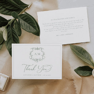 Sage Green Victorian Baroque Floral Crest Wedding Thank You Card
