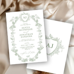 Sage green Victorian French classic floral wedding Invitation