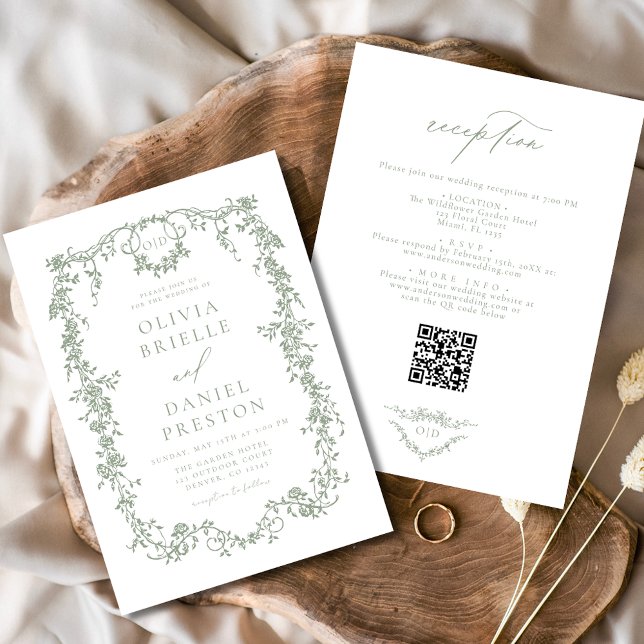Sage Green Victorian QR Code All In One Wedding Invitation (Creator Uploaded)