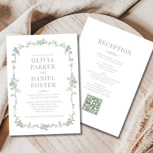 Sage Green Victorian QR Code All in One Wedding Invitation