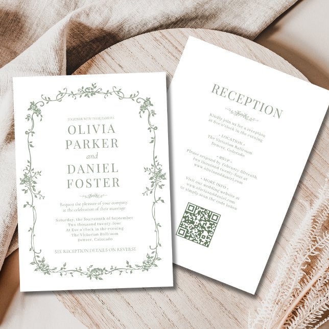 Sage Green Victorian QR Code All in One Wedding  Invitation (Creator Uploaded)