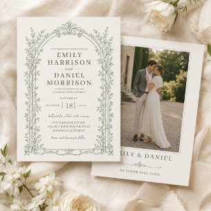 Sage Green Victorian Vintage Photo Wedding Invitation