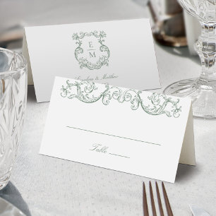 Sage Green Vintage Baroque Monogram Crest Wedding Place Card