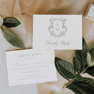 Sage Green Vintage Baroque Monogram Crest Wedding  RSVP Card