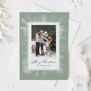 Sage Green Vintage Botanical Christmas Photo Holiday Card