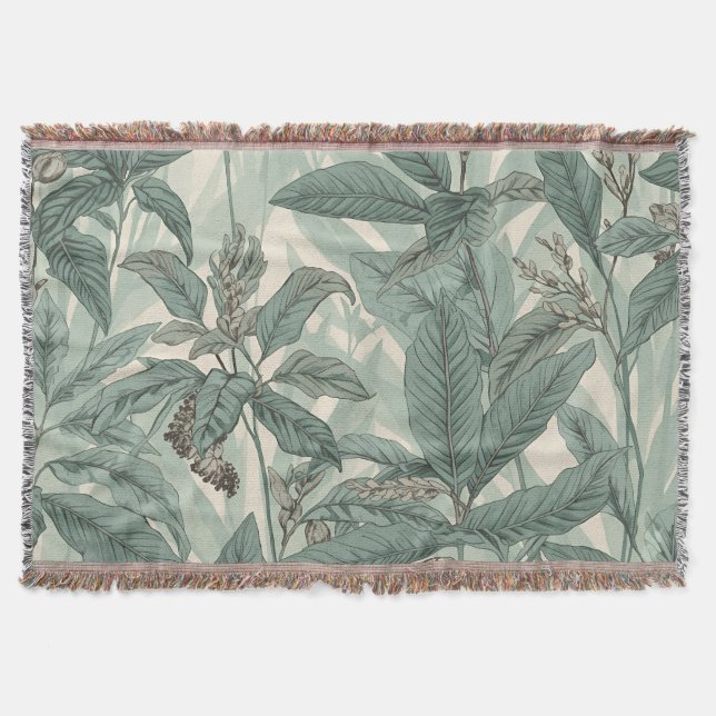Sage Green Vintage Botanical Leaves Pattern Throw Blanket (Front)