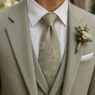 Sage Green Vintage Botanical Meadow Pattern Tie