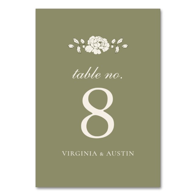 Sage Green Vintage Botanical Wedding Table Number (Front)