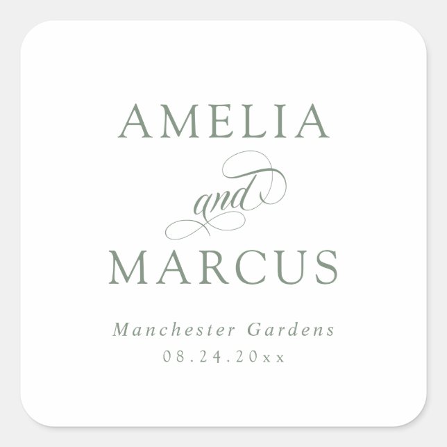 Sage Green Vintage Calligraphy Wedding Square Sticker (Front)