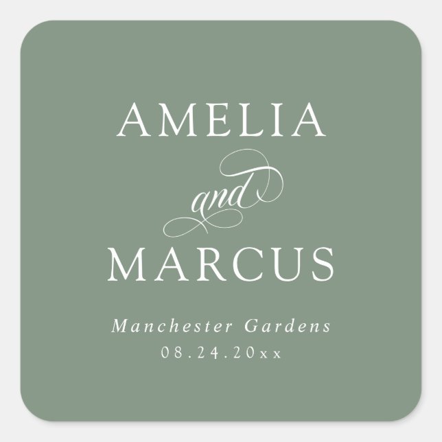 Sage Green Vintage Calligraphy Wedding Square Sticker (Front)