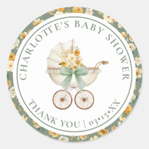 Sage Green Vintage Carriage Baby Shower Sticker