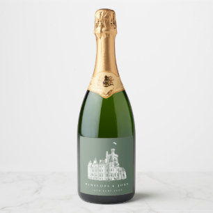 Sage Green Vintage Castle Destination Wedding Sparkling Wine Label