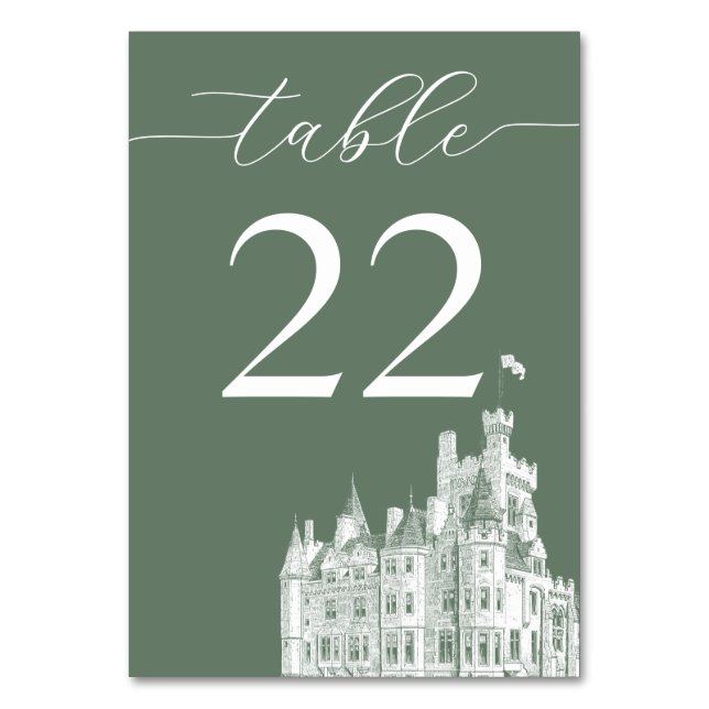 Sage Green Vintage Castle Destination Wedding Table Number (Front)