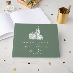 Sage Green Vintage Castle Illustration Wedding Guest Book