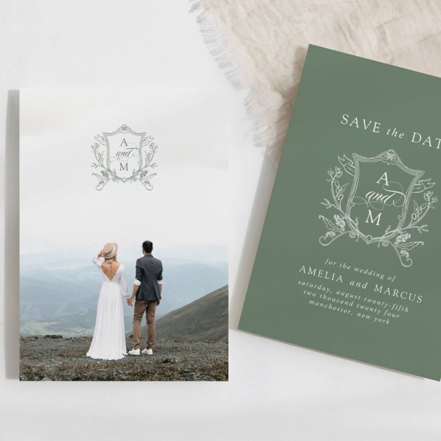Sage Green Vintage Crest Save the Date Invitation (Creator Uploaded)