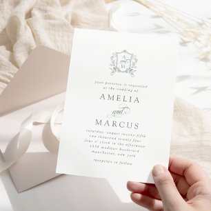 Sage Green Vintage Crest Wedding Invitation