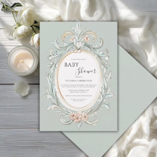 Sage Green Vintage Elegant Frame Baby Shower Invitation
