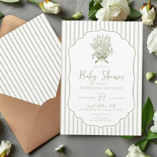 Sage Green Vintage Floral Bouquet Bow Baby Shower Invitation