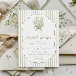 Sage Green Vintage Floral Bow Simple Bridal Shower Invitation