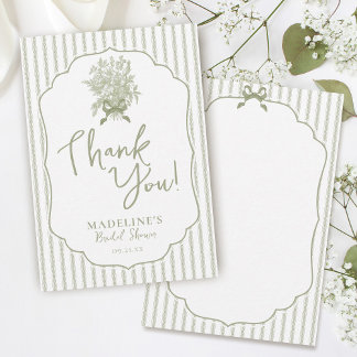 Sage Green Vintage Floral Bow Simple Bridal Shower Thank You Card