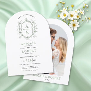 Sage green vintage floral crest monogram wedding   invitation