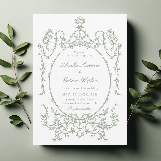 Sage Green Vintage Floral Frame Wedding            Invitation (Creator Uploaded)