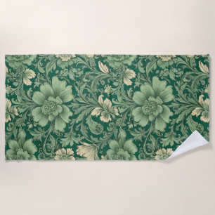 Sage Green Vintage Floral Pattern  Beach Towel