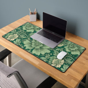 Sage Green Vintage Floral Pattern Desk Mat