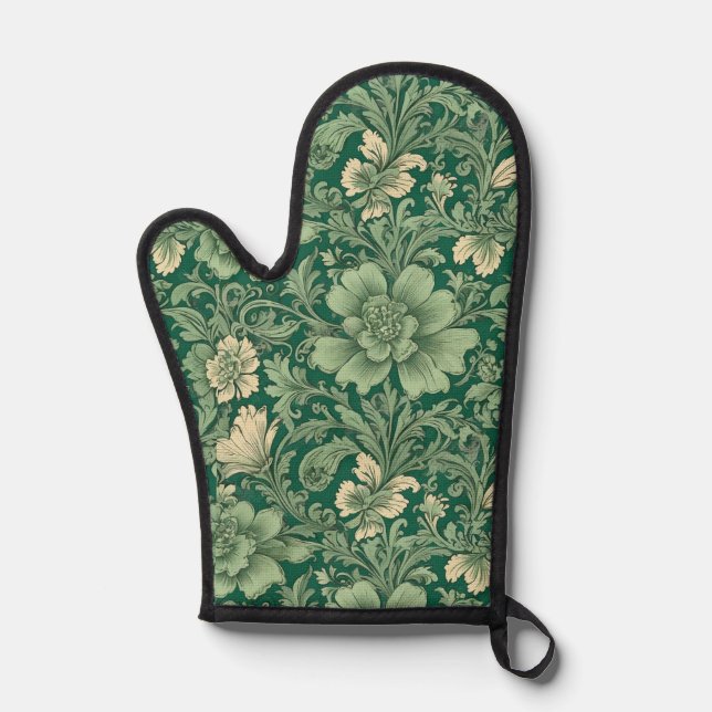 Sage Green Vintage Floral Pattern  Oven Mitt (Front)