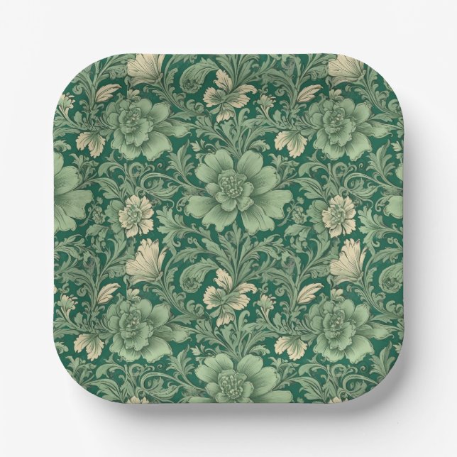 Sage Green Vintage Floral Pattern  Paper Plate (Front)