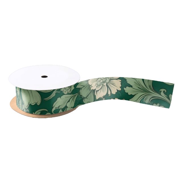 Sage Green Vintage Floral Pattern  Satin Ribbon (Spool)