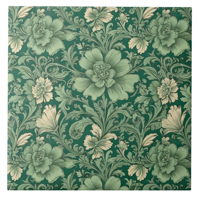 Sage Green Vintage Floral Pattern  Tile (Front)