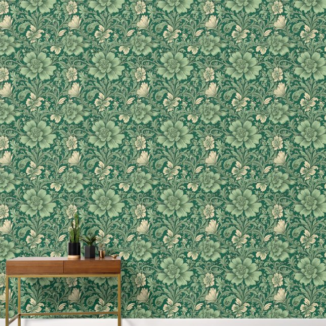 Sage Green Vintage Floral Pattern  Wallpaper (Hallway)