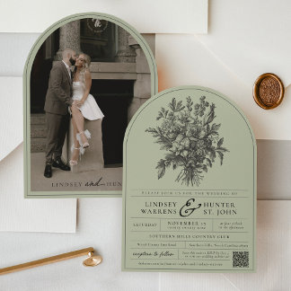 Sage Green Vintage Floral Photo Arch Wedding Invitation