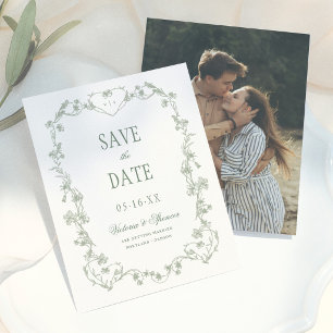Sage Green Vintage Floral Photo Wedding Save The Date
