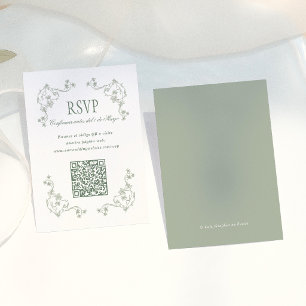 Sage Green Vintage Floral QR Spanish Wedding RSVP Enclosure Card
