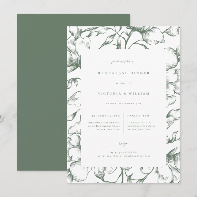 Sage Green Vintage Floral Rehearsal Dinner Announcement (Front/Back)