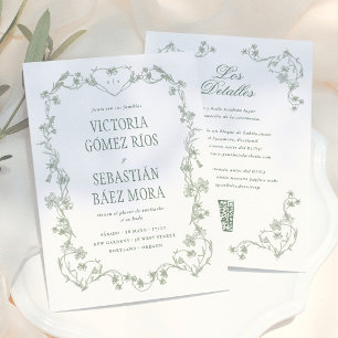Sage Green Vintage Floral Spanish Wedding Invitation