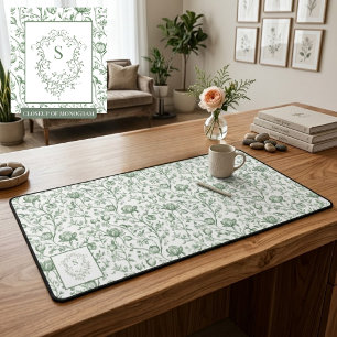 Sage Green Vintage Floral Toile Monogram Crest Desk Mat