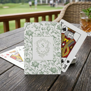 Sage Green Vintage Floral Toile Monogram Crest Playing Cards
