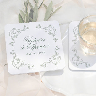 Sage Green Vintage Floral Wedding Square Paper Coaster