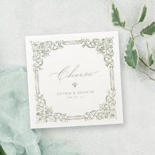 Sage Green Vintage Frame Elegant Cheers Wedding Napkin