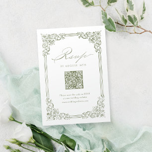 Sage Green Vintage Frame Elegant QR Code Wedding RSVP Card