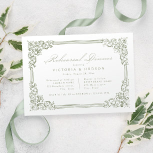 Sage Green Vintage Frame Elegant Rehearsal Dinner Invitation