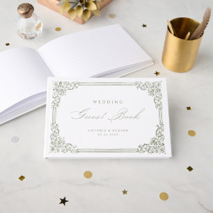 Sage Green Vintage Frame Elegant Script Wedding Guest Book
