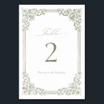 Sage Green Vintage Frame Elegant Script Wedding Table Number<br><div class="desc">Elegant vintage ornamental frame border design with stylish script in sage green colour,  simple and classic,  great wedding table cards for modern classic wedding,  romantic vintage wedding,  and formal traditional wedding. 
See all the matching pieces in collection.</div>