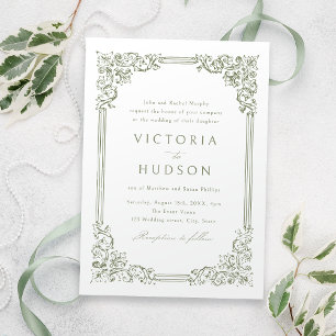 Sage Green Vintage Frame Elegant Wedding Invitation