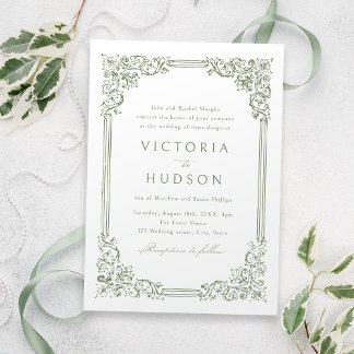 Sage Green Vintage Frame Elegant Wedding  Invitation