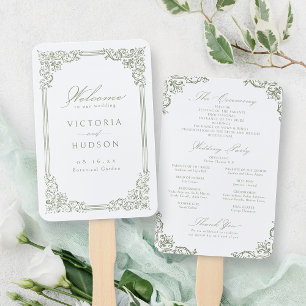 Sage Green Vintage Frame Elegant Wedding Program Hand Fan