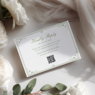 Sage Green Vintage Frame Wedding QR Code RSVP Card